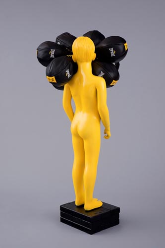 <b>Untitled (boy) - Rear View</b><br>50" x 25" x 25"<br>fiberglass, plaster, wood, paint, steel, rubber, leather